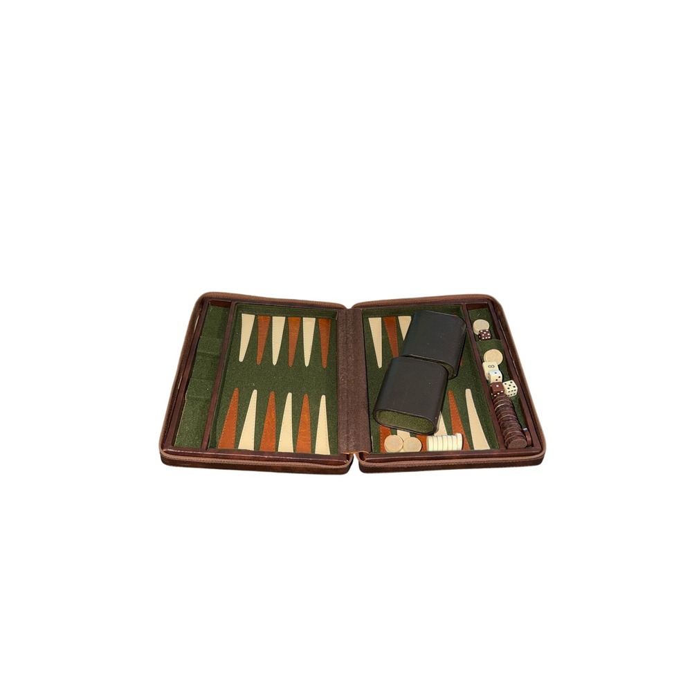 Vintage Travel Backgammon Set Brown Faux Leather Case Green Felt Interior
